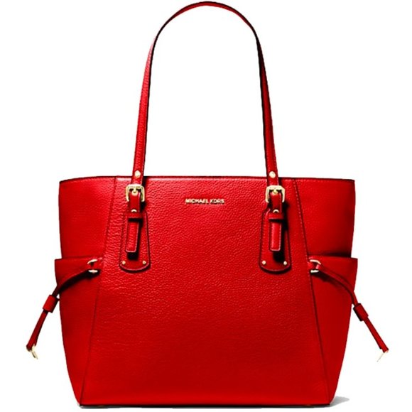 NWT Michael Kors Pebble Leather Voyager Travel Tote Shoulder Bag Red Flame MINT - Picture 1 of 16
